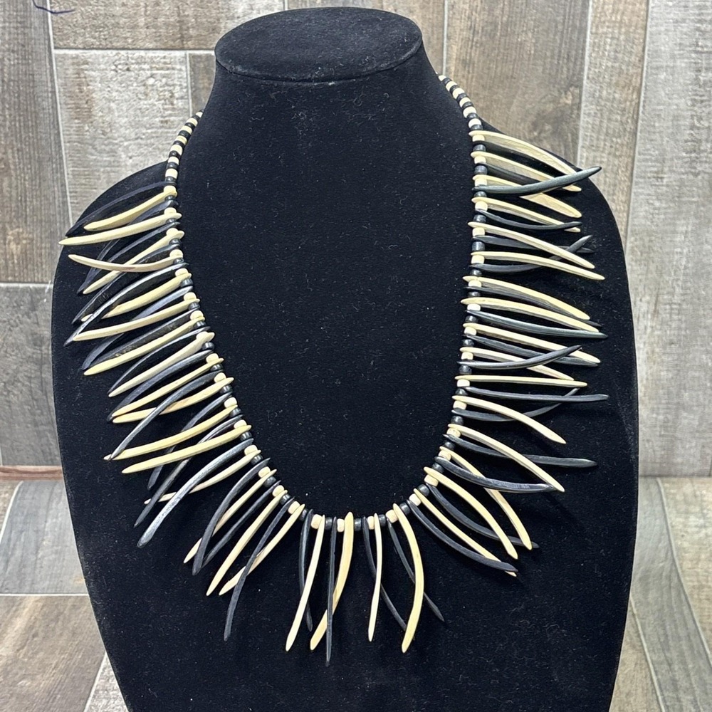 Vintage Tribal Bamboo Spike Statement Necklace Black Tan Handcrafted Boho